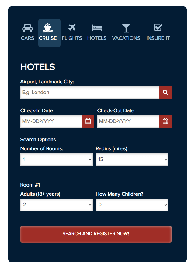 Travel website hotel search form with city, dates, guests, and red search button on dark blue background