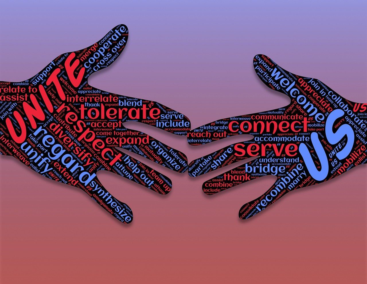 A picture of two hands with words on them including unity