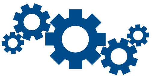 A group of blue gears on a white background.