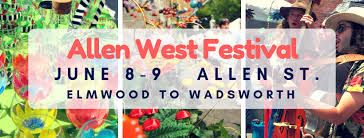 Promotional banner for the Allen West Festival on June 8-9 on Allen St., from Elmwood to Wadsworth, featuring vibrant art.