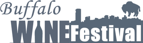 Logo for the Buffalo Wine Festival featuring a city skyline silhouette, a buffalo icon, and text in dark gray and white.