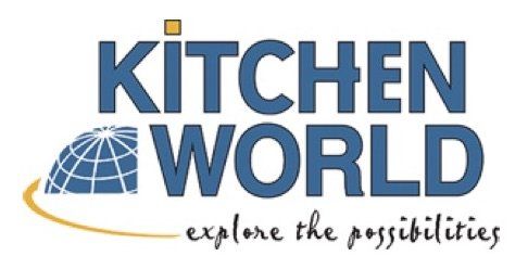 Logo for Kitchen World with a blue globe icon and the tagline 