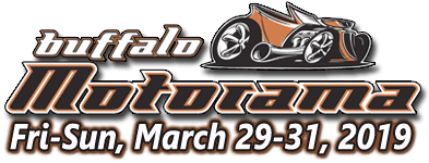 Logo for the 2019 Buffalo Motorama, held Friday-Sunday, March 29-31, featuring a stylized hot rod graphic.