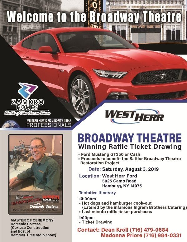Event flyer for a Broadway Theatre raffle featuring a red Ford Mustang, raffle details, and contact information.
