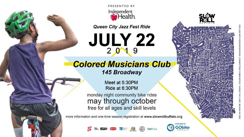 Event flyer for a Slow Roll bike ride on July 22, 2019, starting at the Colored Musicians Club at 145 Broadway.