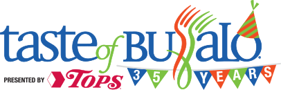 Logo for the Taste of Buffalo, presented by Tops, celebrating 35 years with colorful bunting and a stylized fork.