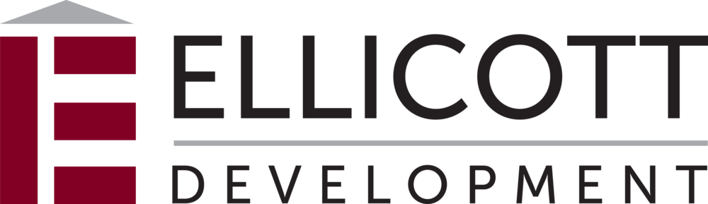 Logo for Ellicott Development featuring a stylized maroon letter E next to the company name in black text.