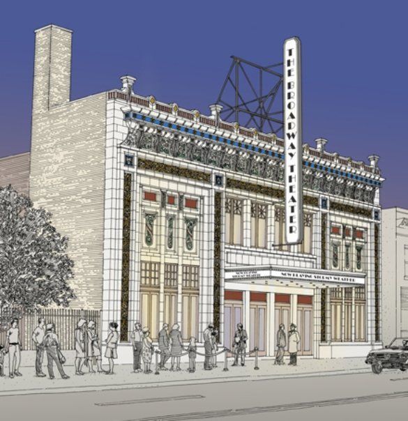An architectural sketch of the ornate Broadway Theatre at dusk, with a line of people waiting under the marquee.