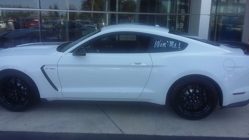 A white Ford Mustang Shelby GT350 parked outside a building with 