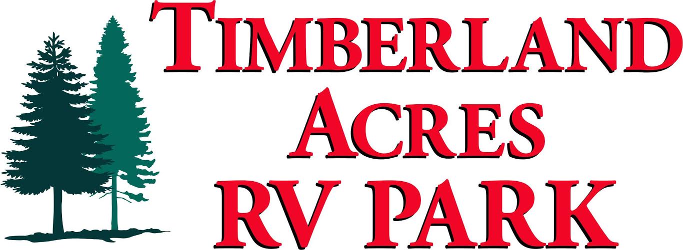 Timberland Acres RV Park logo with red text and green pine trees on a white background