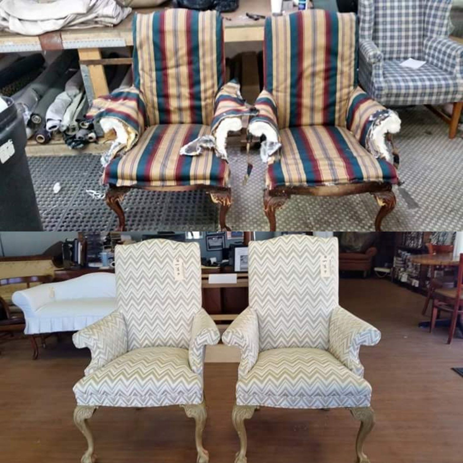Two chairs are sitting next to each other in a room