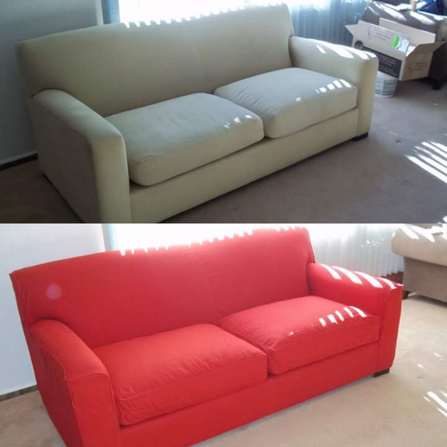 A red couch sits next to a white couch
