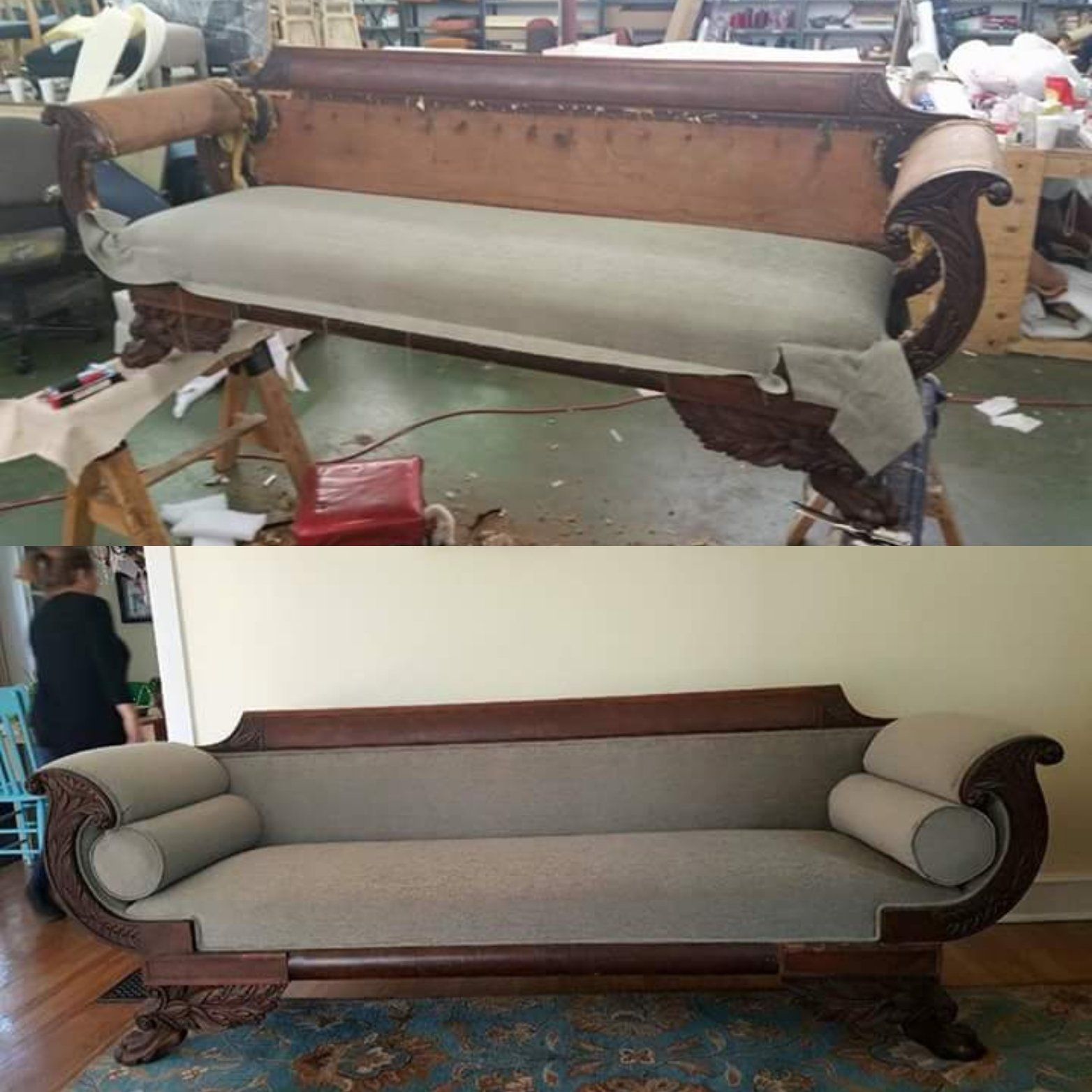 A before and after photo of a couch being restored