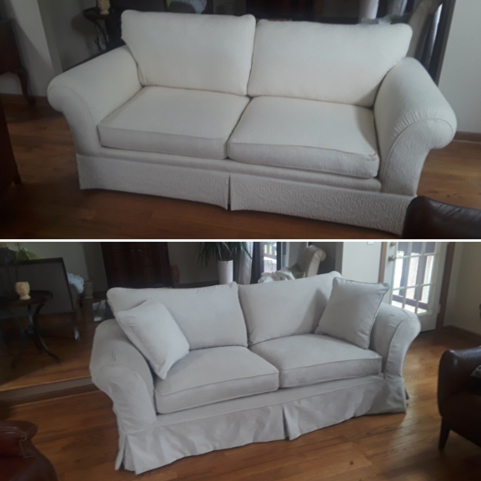 A before and after photo of a white couch