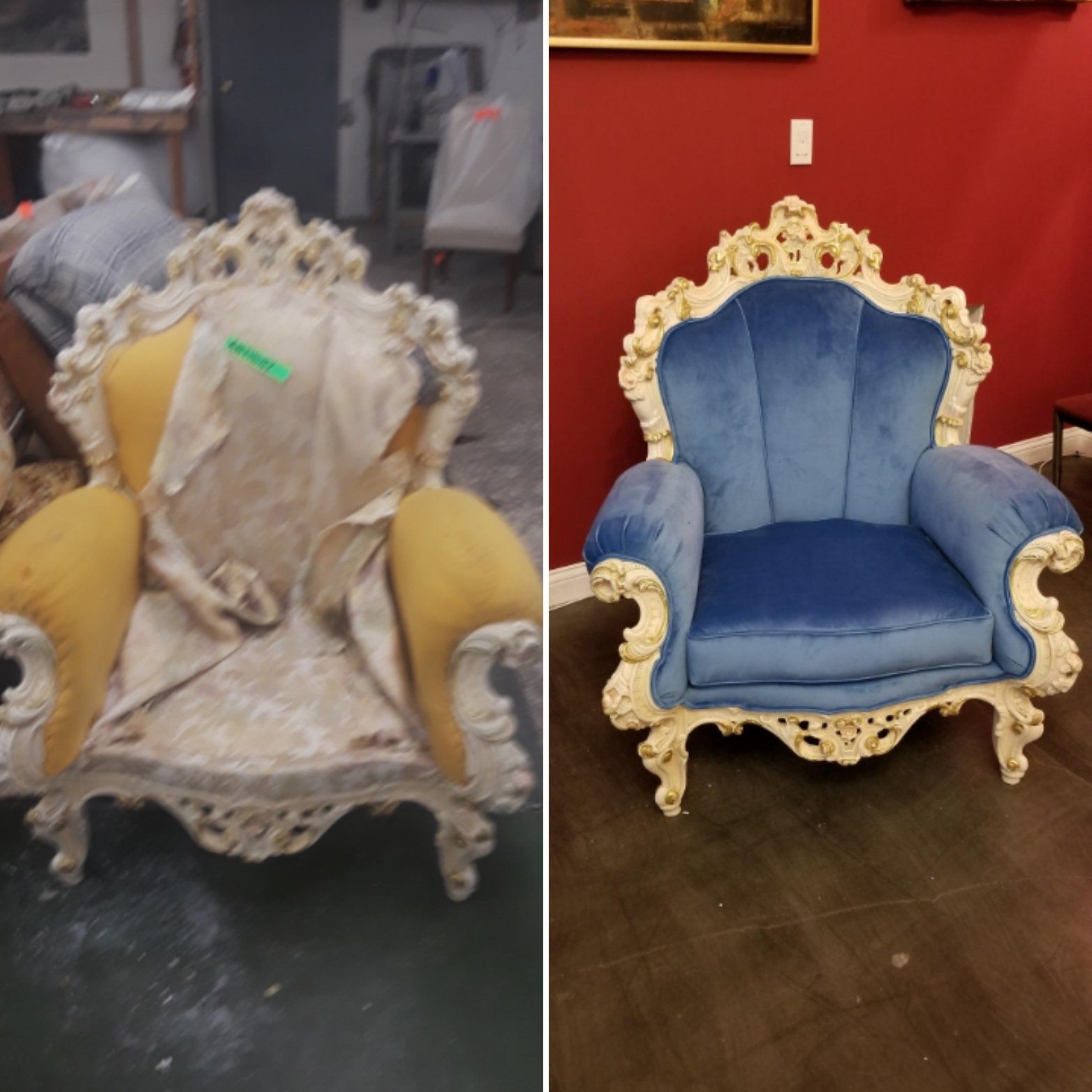 A before and after photo of a blue chair