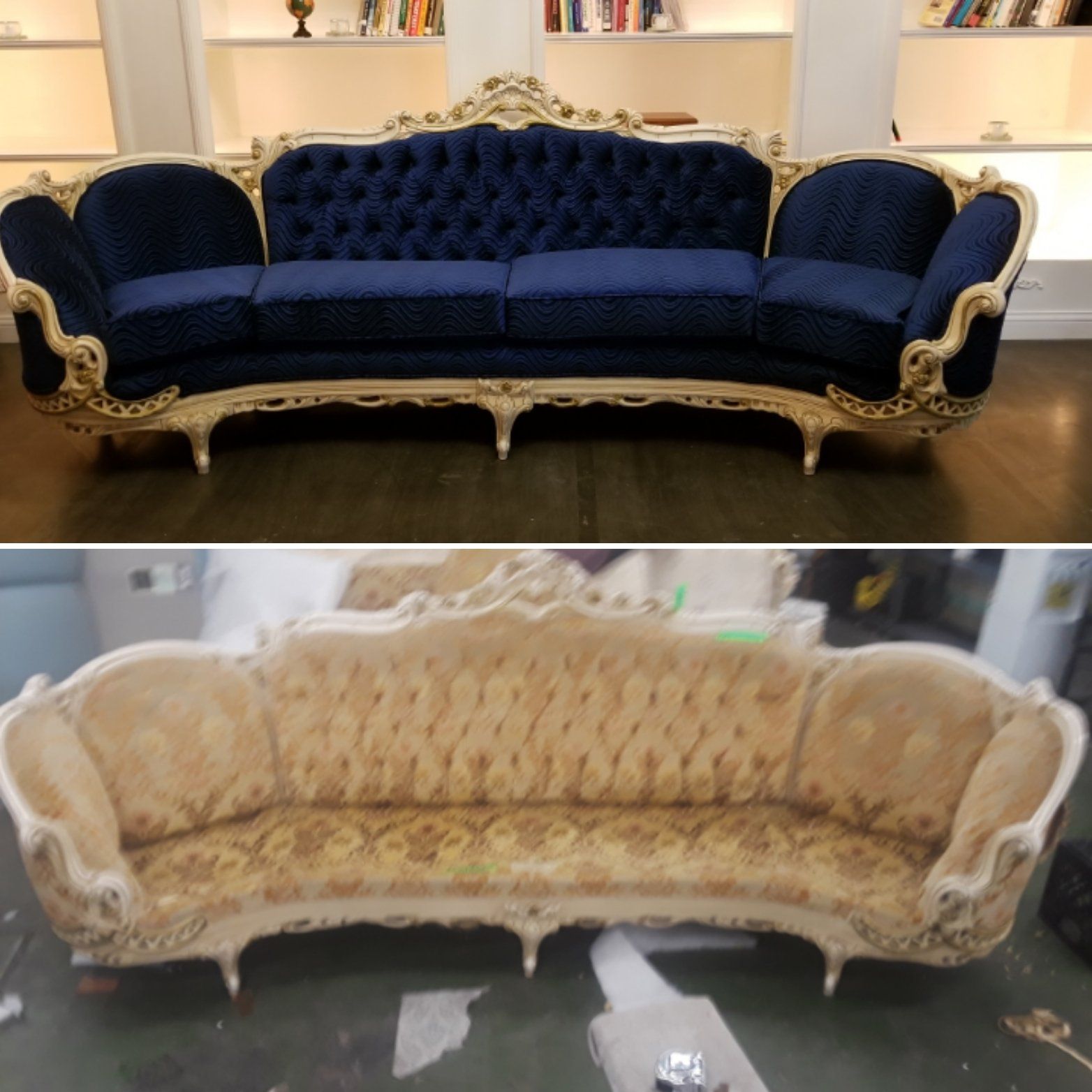 A blue couch sits next to a tan couch