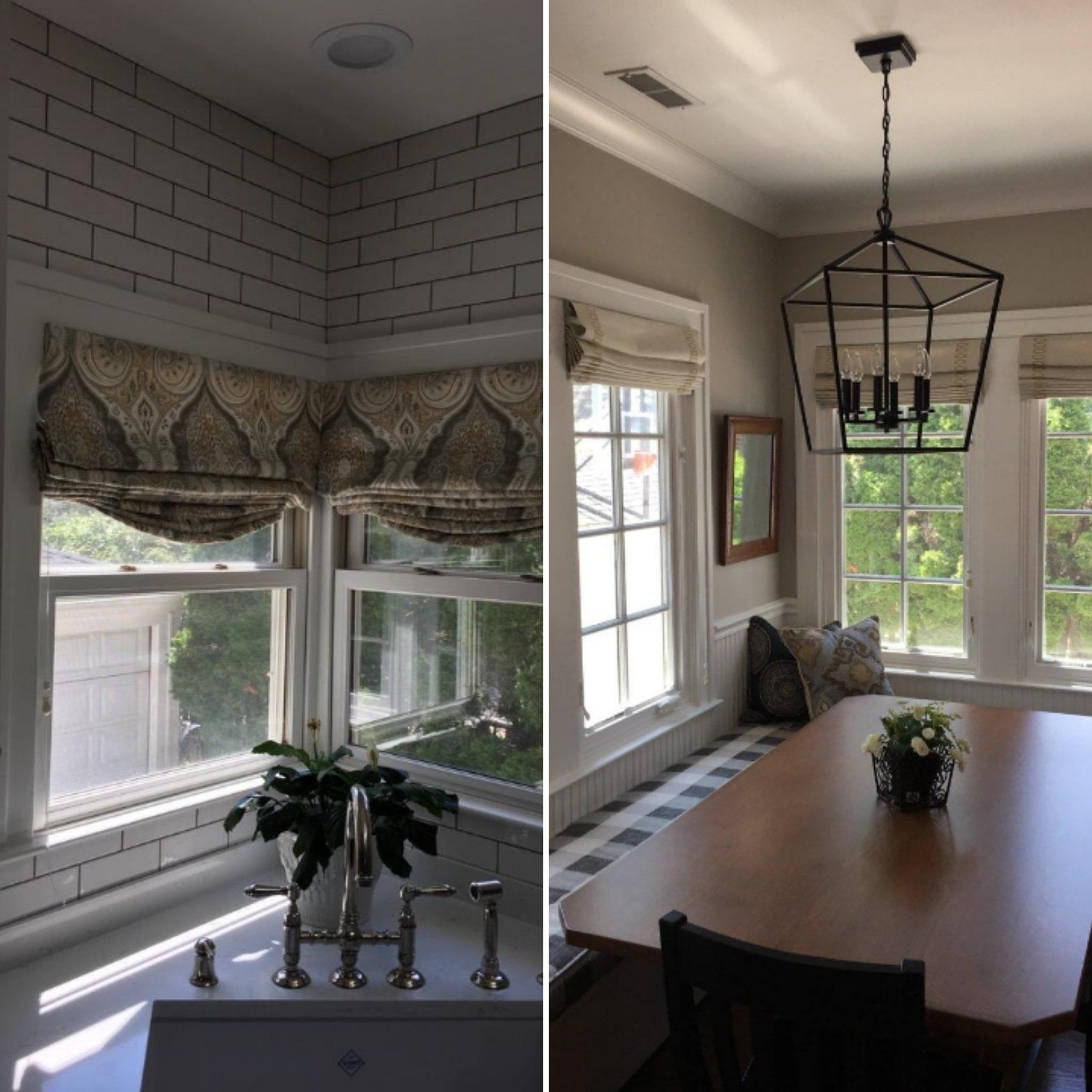 A kitchen with a sink and a dining room with a table