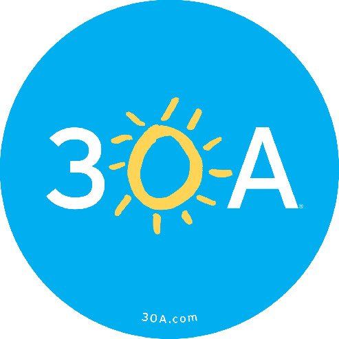 Blue 30A logo with white “3” and “A” and a yellow sun forming the “0”