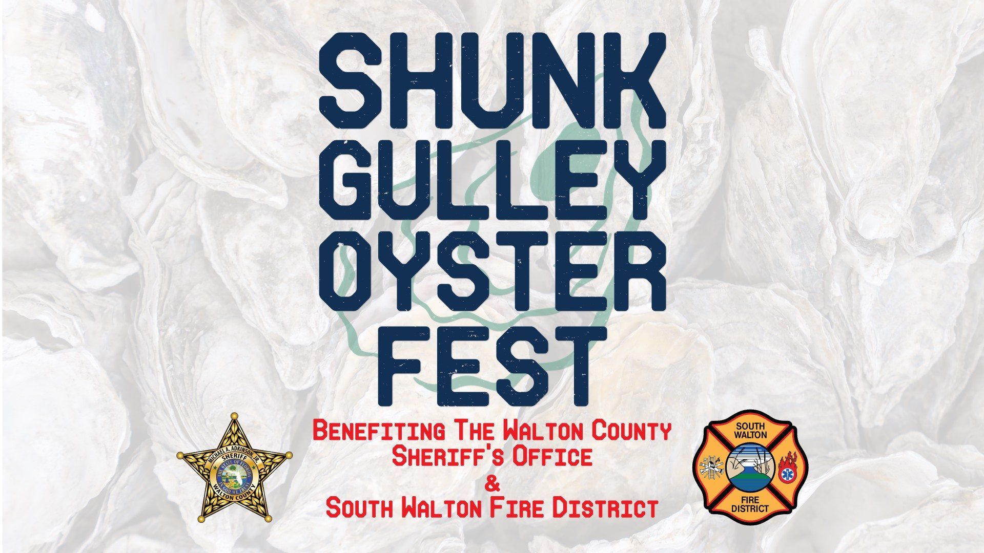 Shunk Gulley Oyster Fest poster with blue title text, badges, and sponsor names on a white background