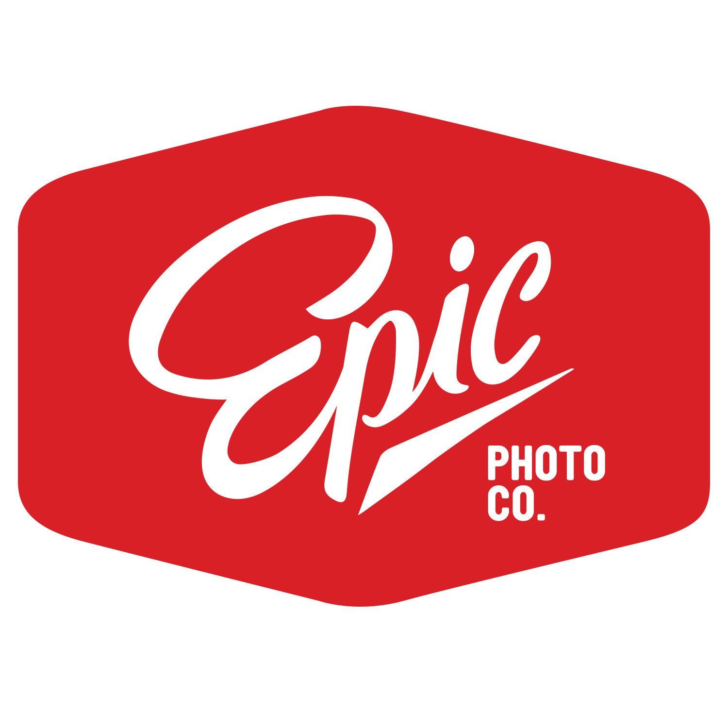 Epic Photo Co. logo: white script on a red hexagon