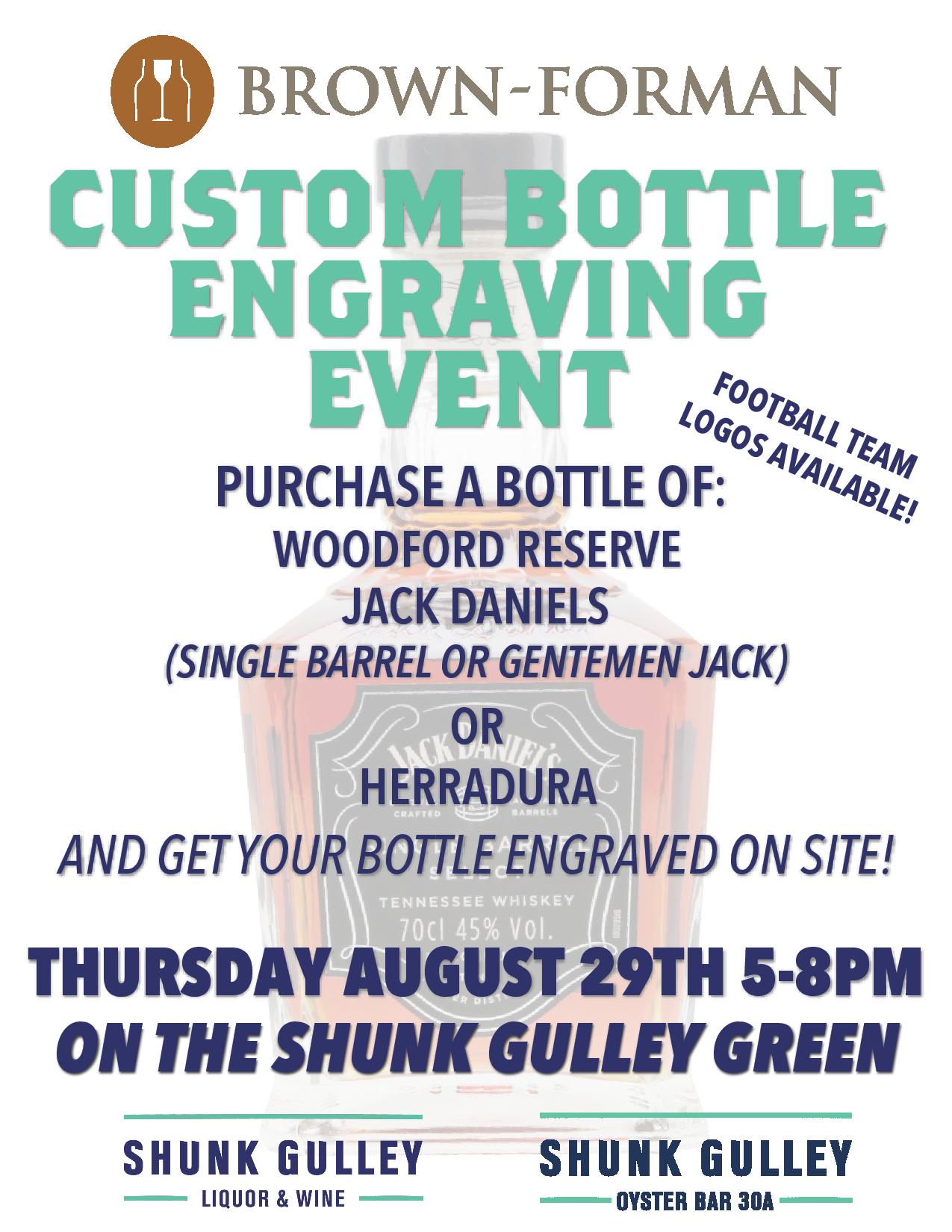 Brown-Forman custom bottle engraving event flyer at Shunk Gulley Green, Aug. 29, 5–8pm
