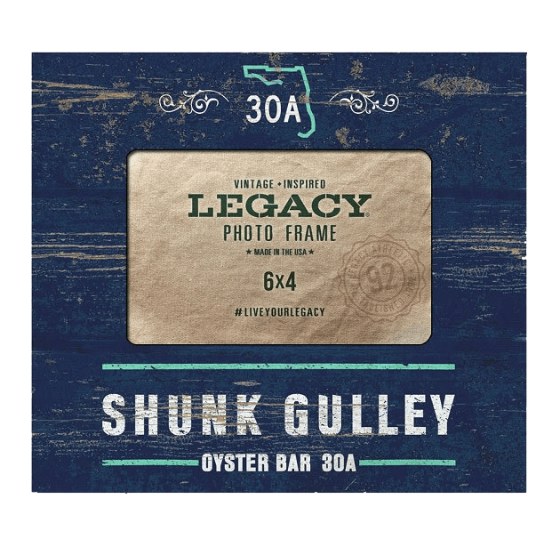Vintage navy sign for Shuck Gulley Oyster Bar 30A with a Legacy photo frame and beige center panel.