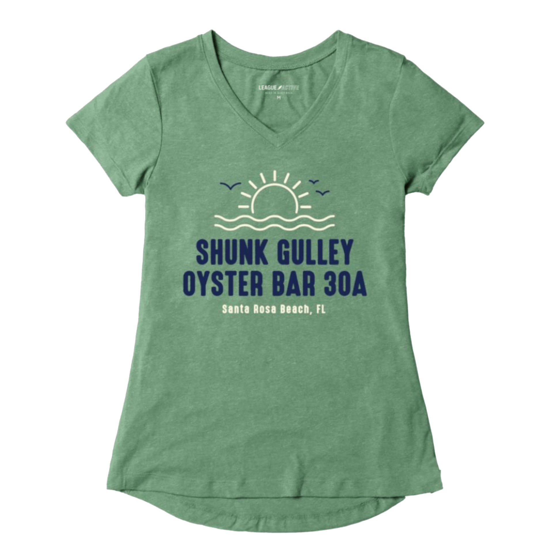 Green V-neck T-shirt with sun graphic and “Shunk Gulley Oyster Bar 30A” text on the front
