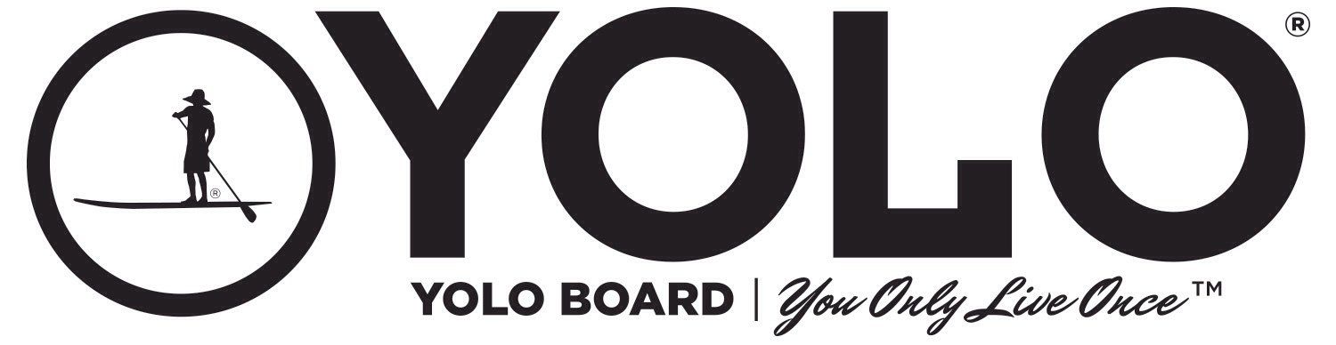 YOLO Board logo with black text and a longboarder inside the O on a white background