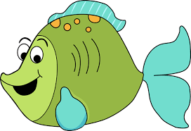 Cartoon green fish with teal fins and orange spots, smiling