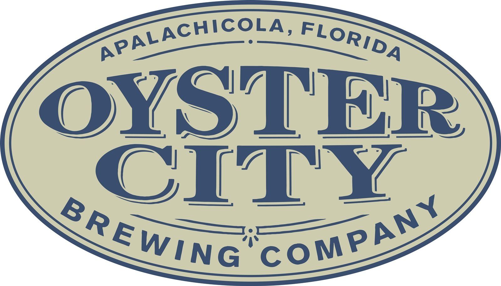 Oyster City Brewing Company logo with “Apalachicola, Florida” in blue inside an oval beige badge