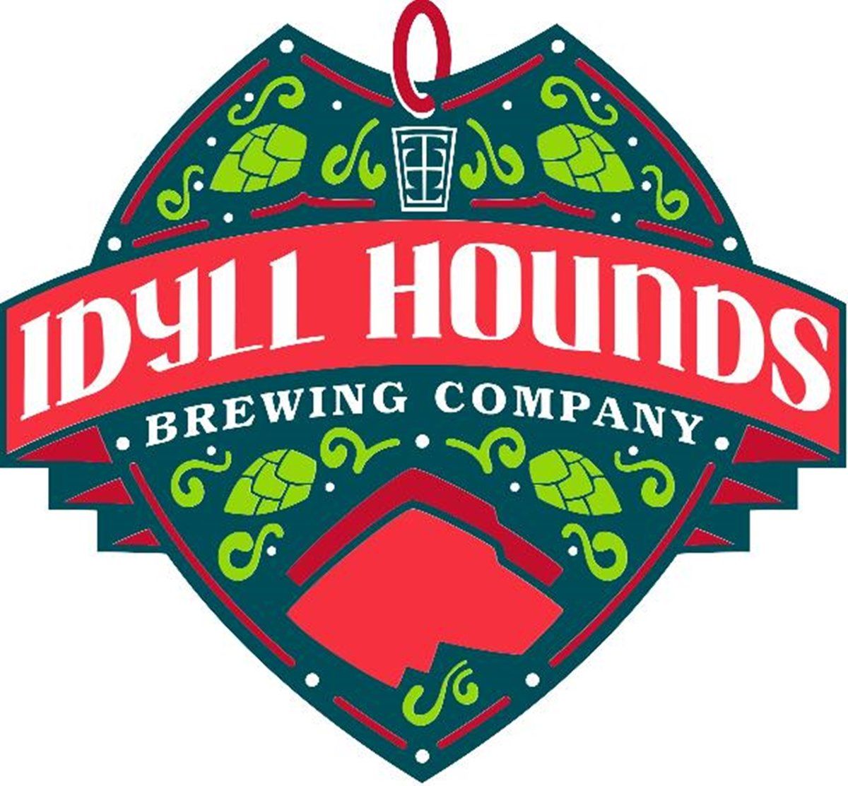 Idyll Hounds Brewing Company logo in red, teal, and white with stylized dog-themed crest design
