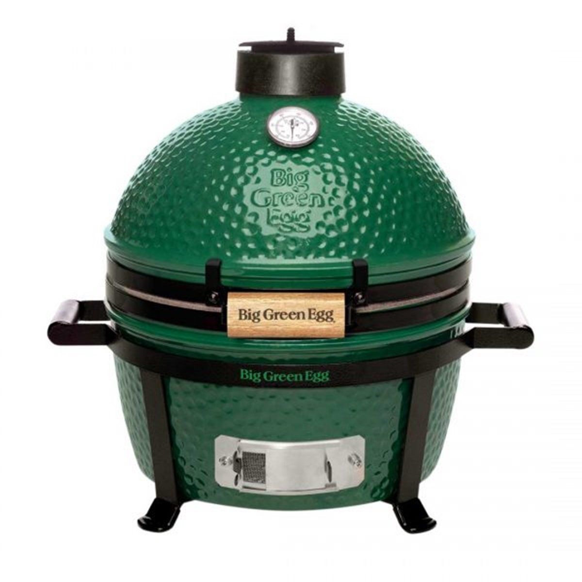 Green Big Green Egg ceramic grill with black bands, lid, and metal handle on stand