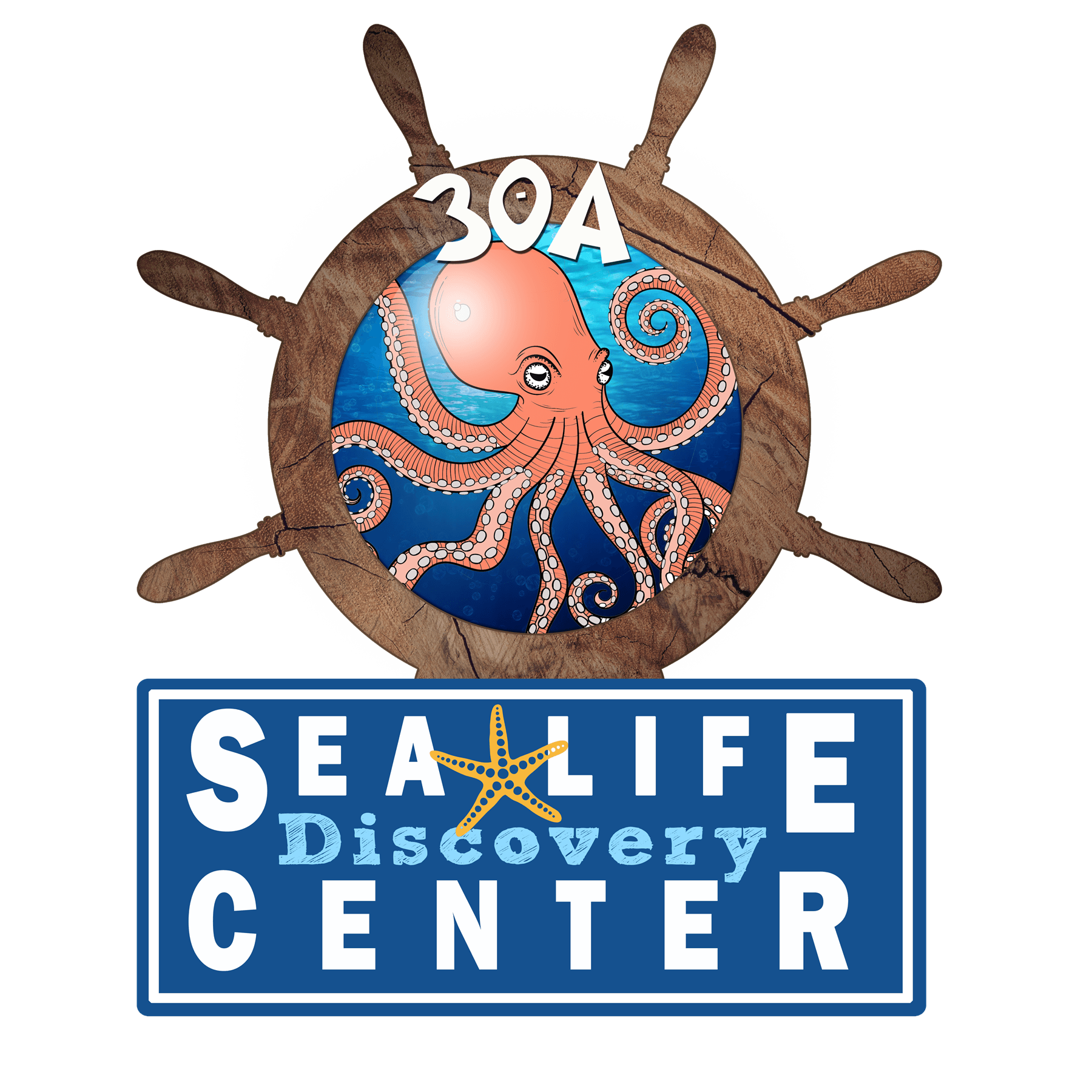 Sea Life Discovery Center sign with a blue octopus inside a ship’s wheel and “30A” above