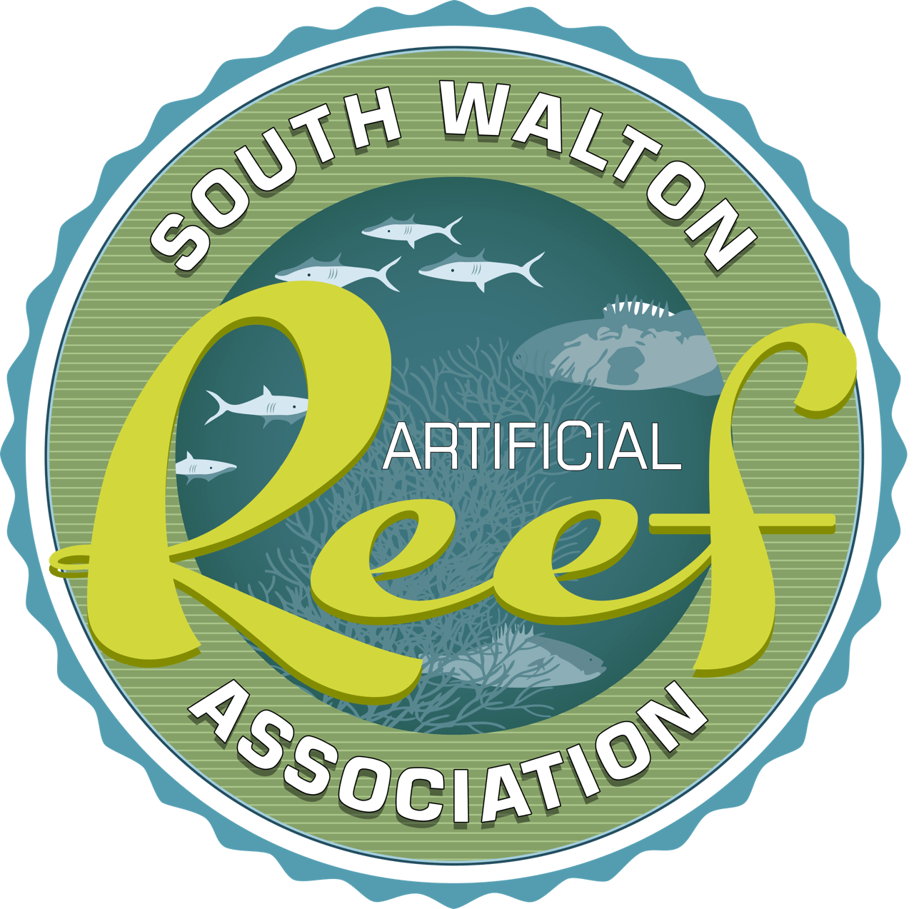 South Walton Artificial Reef Association logo with fish, waves, and yellow-green “Reef” text