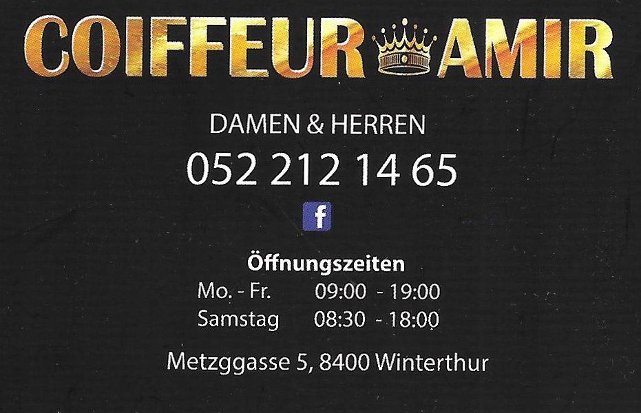 Flyer des Salons Coiffeur Amir in Winterthur mit Telefonnummer, Öffnungszeiten und Adresse auf dunklem Hintergrund
