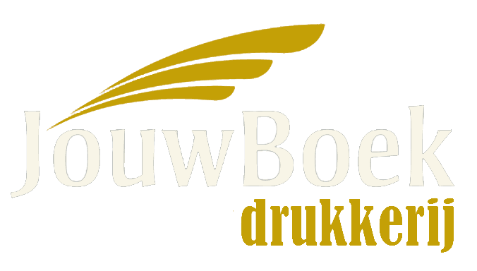 JouwBoek drukkerij logo met een gestileerde gouden veer en tekst op een witte achtergrond