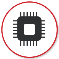 Icon of a microchip enclosed in a red circular outline, symbolizing technology or electronics