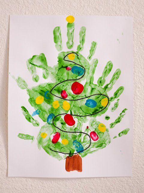 A hand print of a christmas tree with decorations