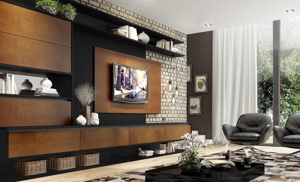 rack com painel de tv preto e marrom