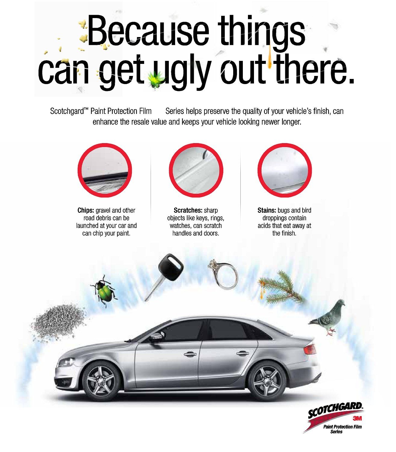 Ad for ceramic film. A silver car surrounded by debris. Close-ups of protected vehicle parts. Text: