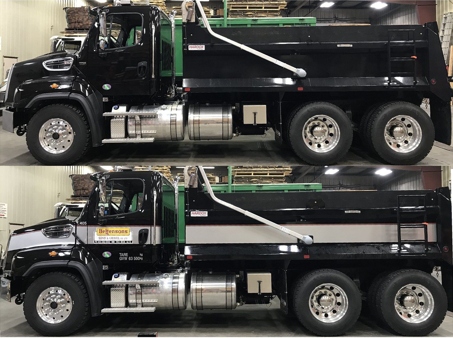 before and after photo of truck paint job with lime green paint job