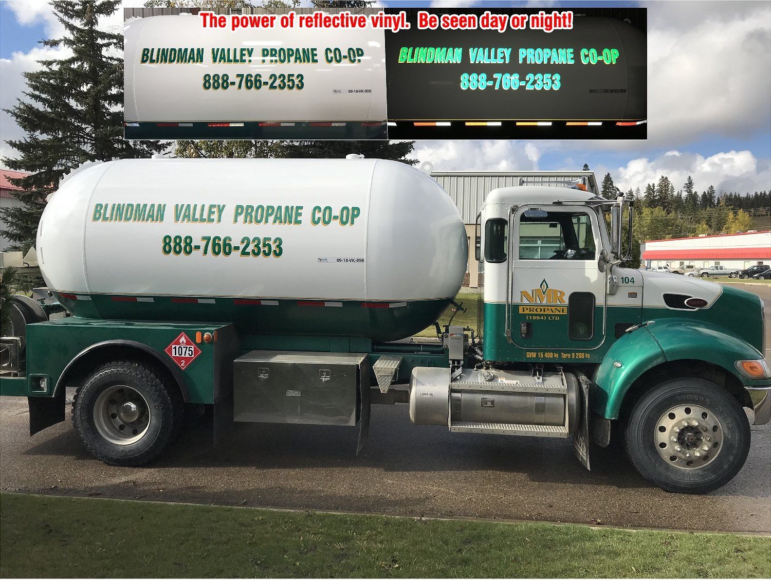 large gasoline truck with green company decals on it