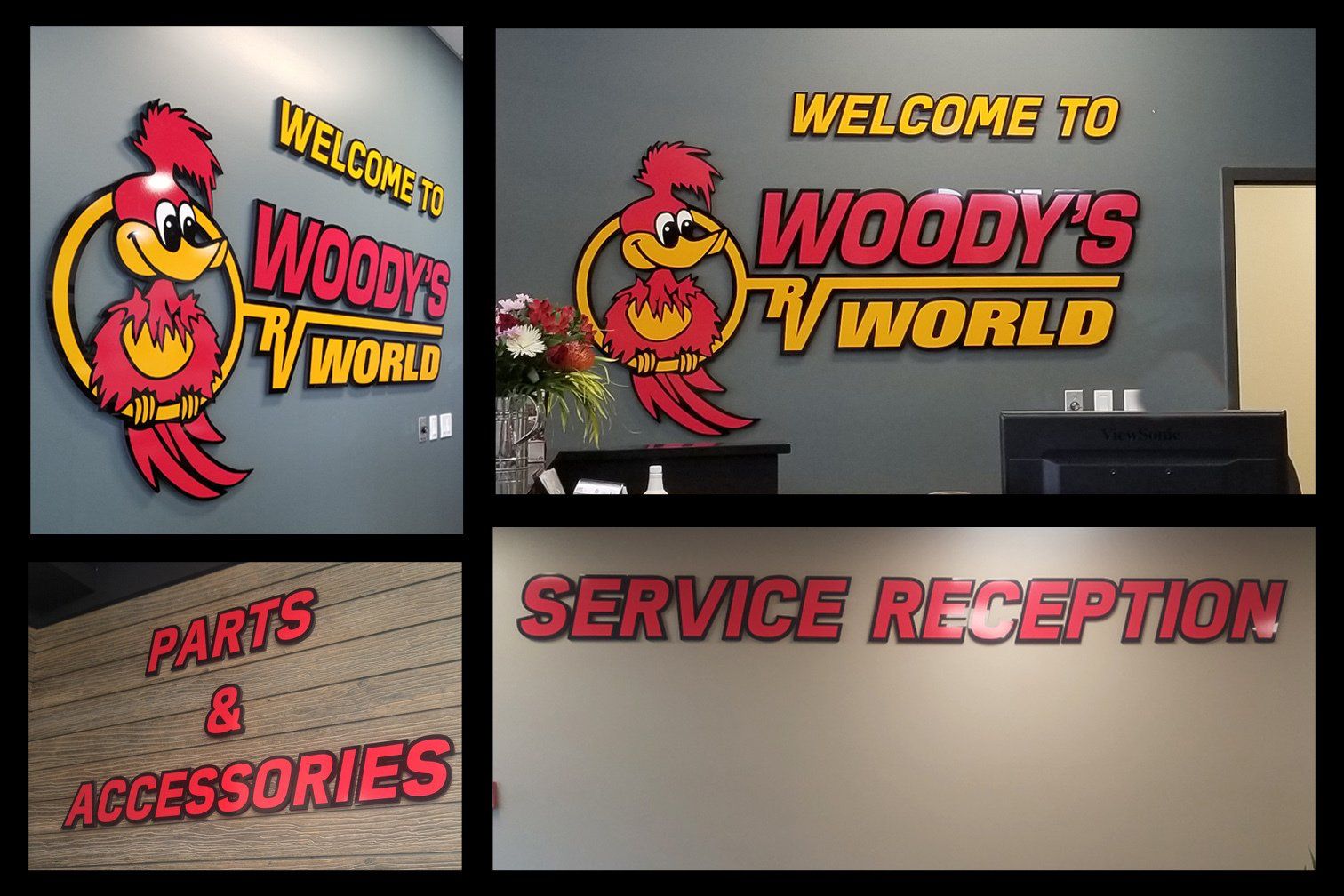 a collage of woody 's world parts and accessories signs
