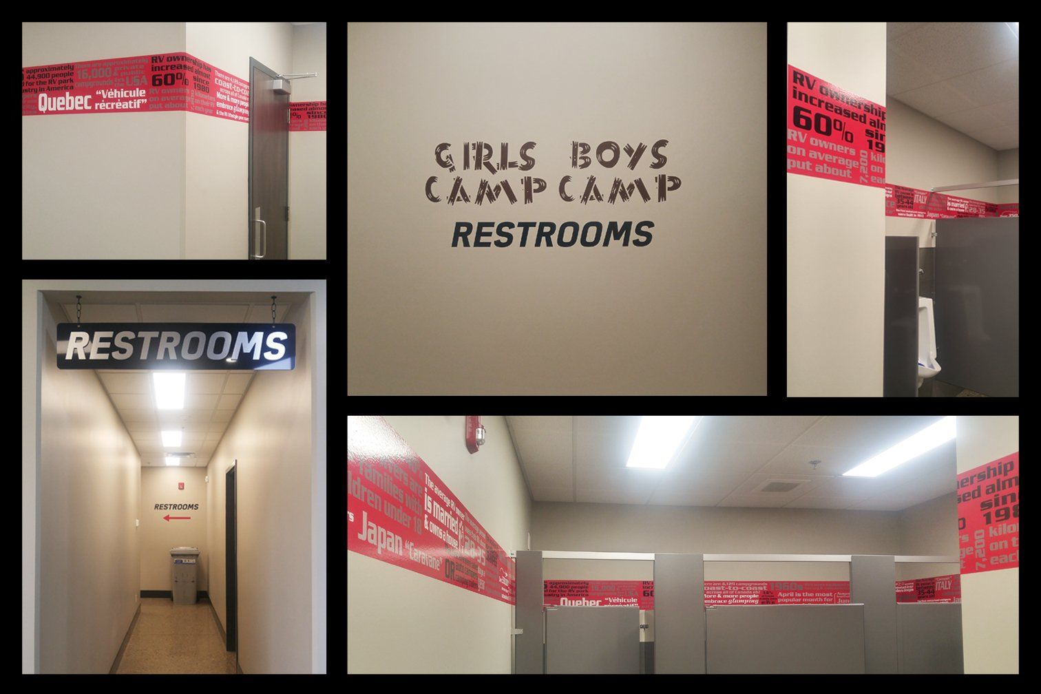 a collage of pictures shows a restroom for girls and boys
