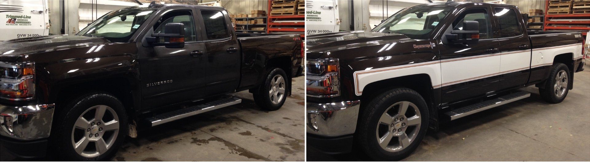 before and after photo of black truck paint job