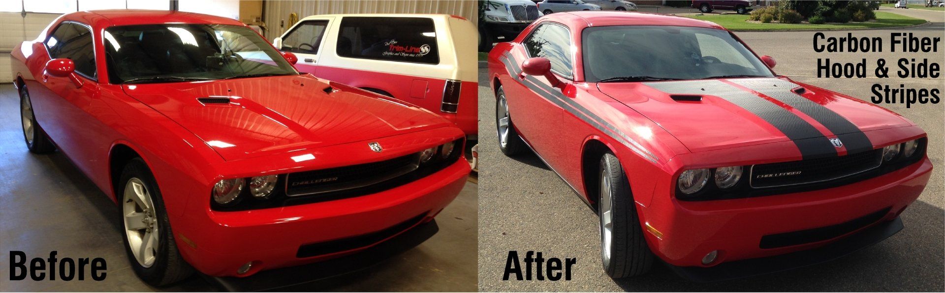 before and after photo of red challenger muscle car with new paint job