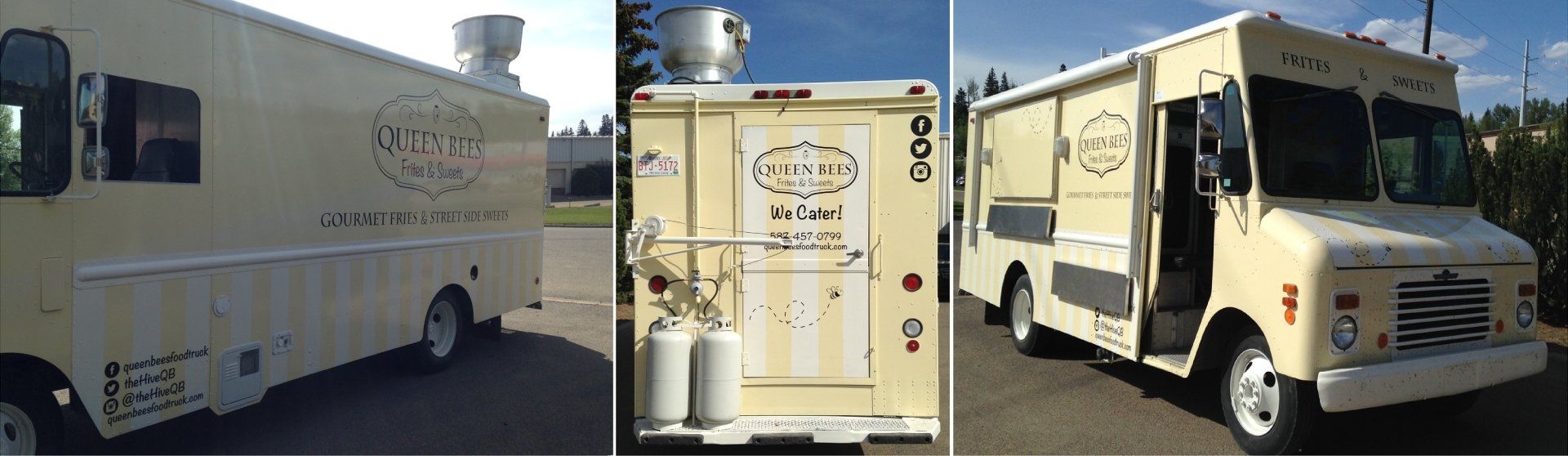 yellow and beige food truck with company logo on it