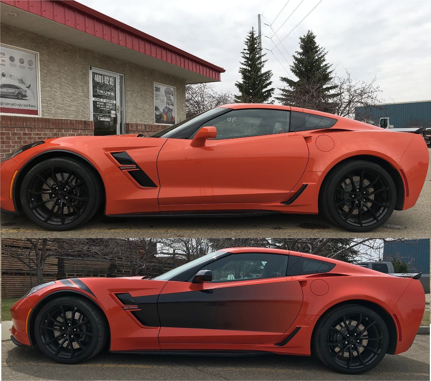 before and after of red corvette paint job