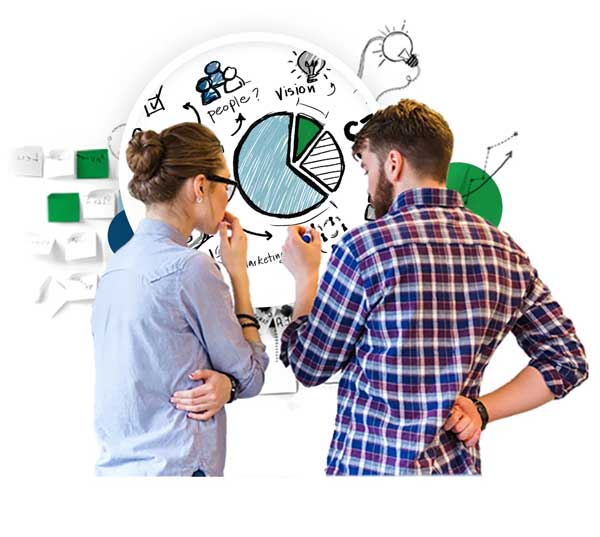 Two people brainstorming in front of a whiteboard with business strategy diagrams and charts. 
