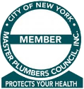 The logo for the city of new york master plumbers council protects your health.